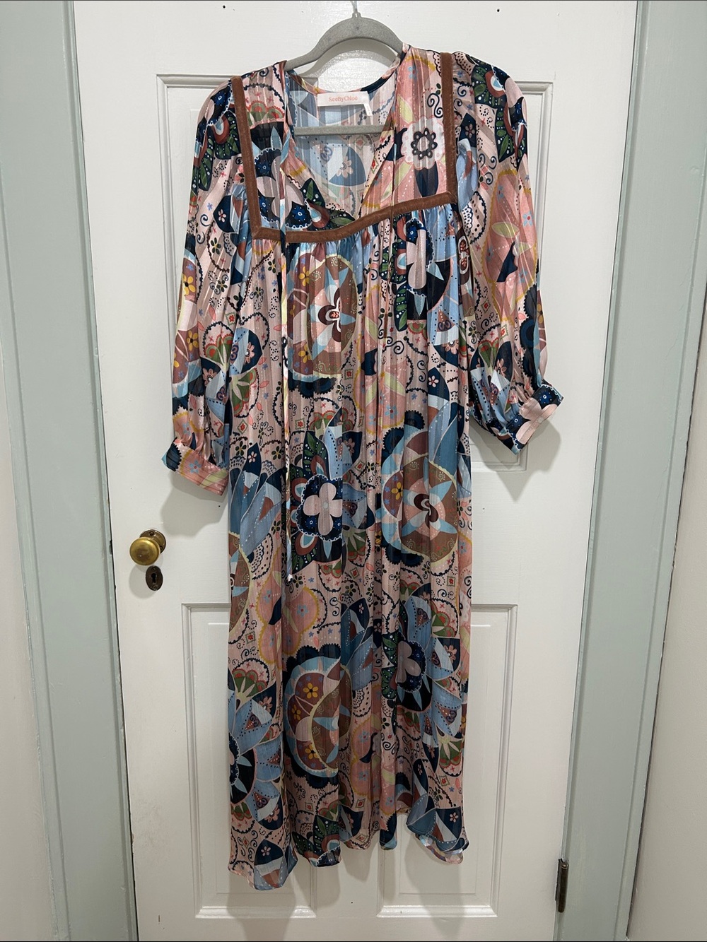 See By Chloé Floral Geometric Midi Dress in Pink, Blue and Brown